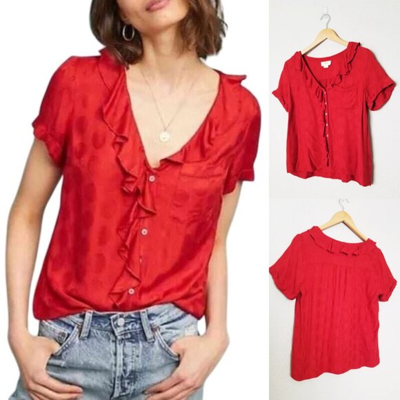 Anthropologie Maeve Jojo Ruffle V Neck Blouse Top S Red Dots Button Front Sweet - Picture 1 of 14